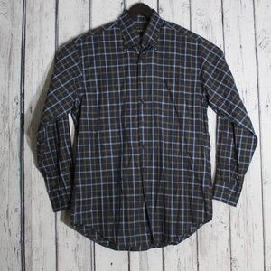 ORVIS Mens Charcoal Navy Blue Brown Plaid Shirt